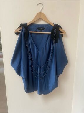 Robert Rodriguez Indigo V-Neck Sleeveless Blouse with Black Tie Straps